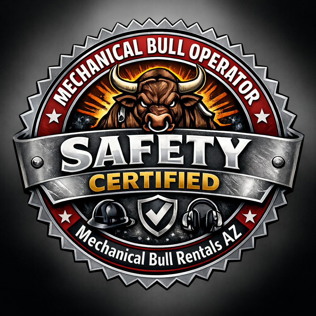 Official 10-hour safety certification seal for mechanical bull operators in Arizona, issued by Mechanical Bull Rentals AZ.